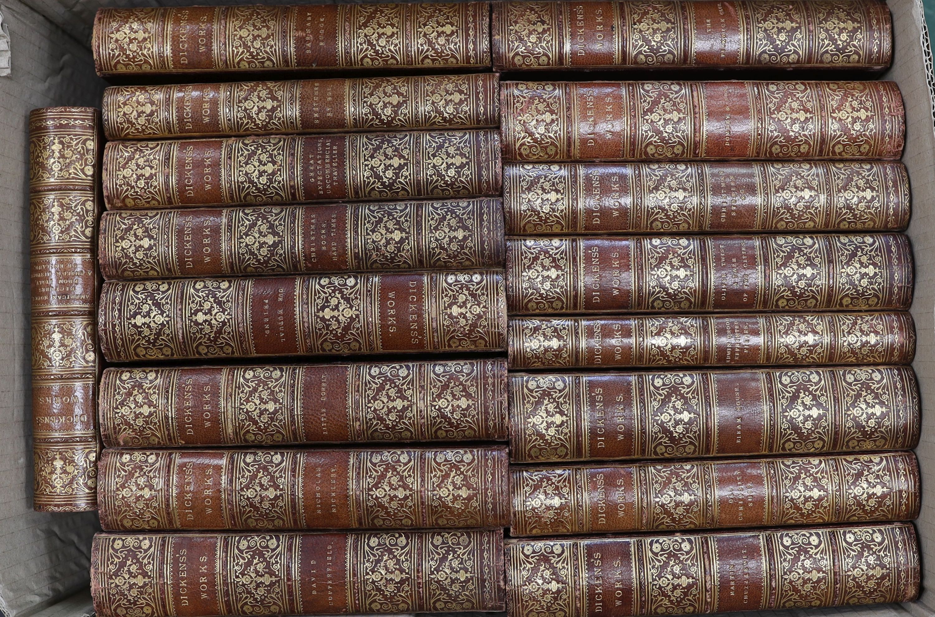 Dickens, Charles - Works, 17 vols, 8vo, half red morocco with marbled boards, the spines gilt in six compartments, each volume profusely illustrated with engravings, Chapman and Hall, London, 1890